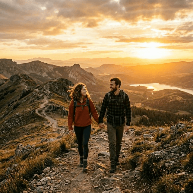 Couple hiking together at sunset