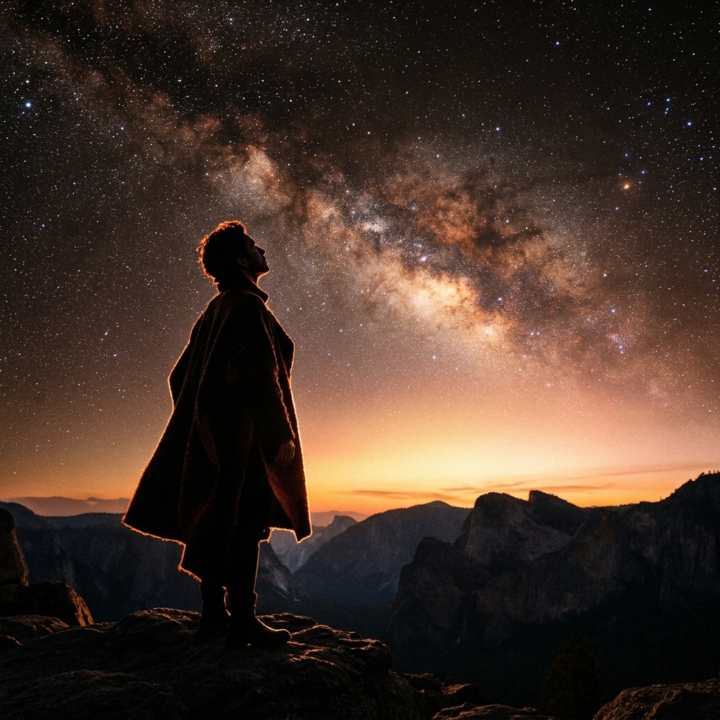 Silhouette of a solitary figure gazing at the dawn starry sky