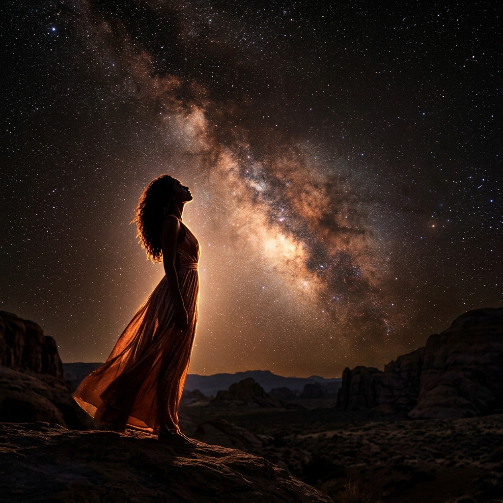 Silhouette of a woman looking up at the stars