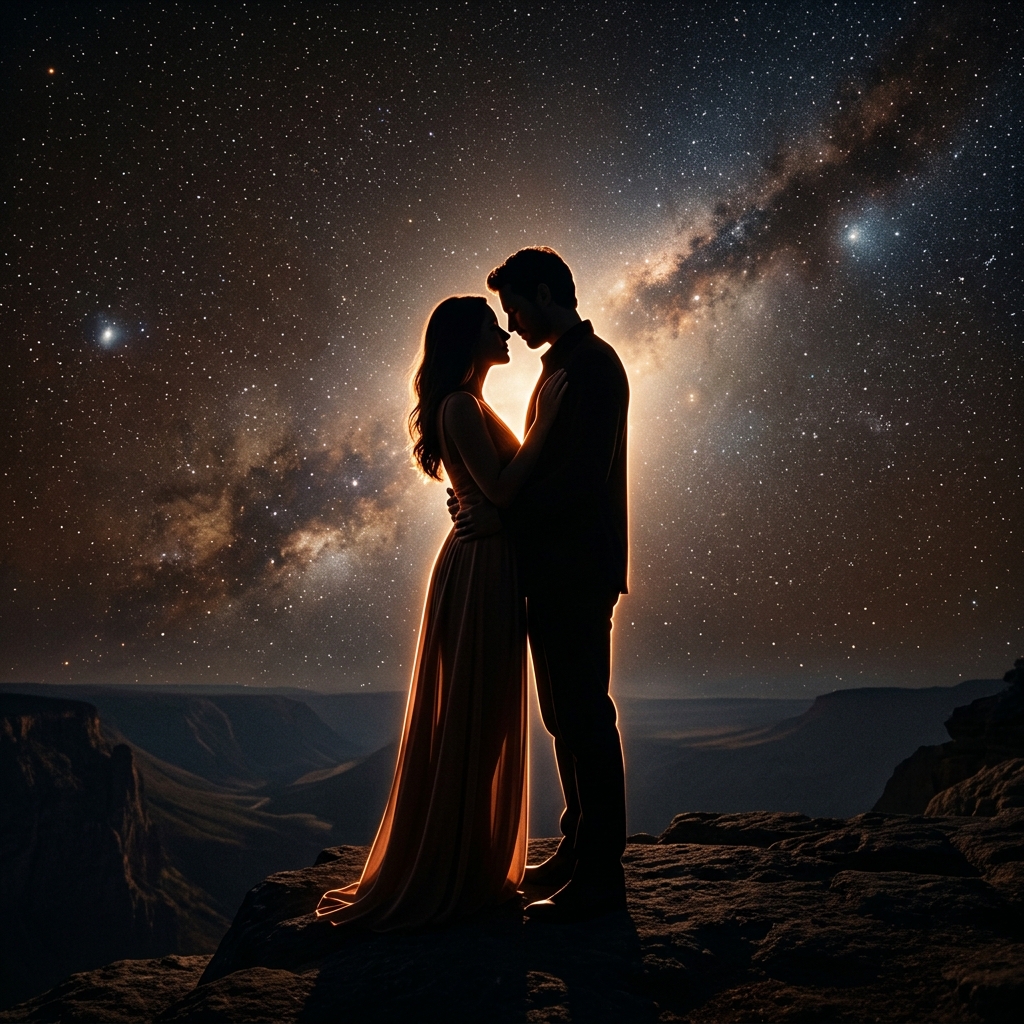 Silhouette of an intimate couple looking at the stars